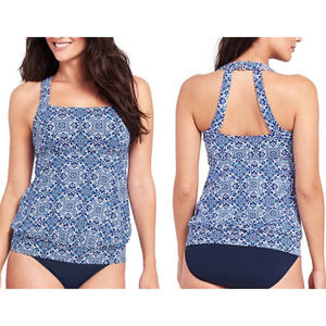 Lands End Women's Tankini Top 22W Plus Blouson Swim Top Deep Sea Paisley Tile